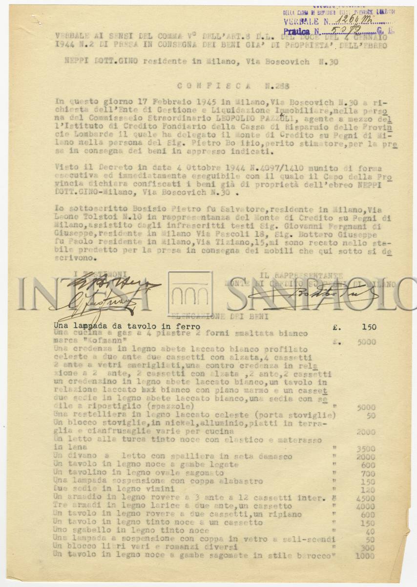 Verbale di presa in consegna dei beni di Gino Emanuele Neppi da parte del Credito fondiario, 17 febbraio 1945